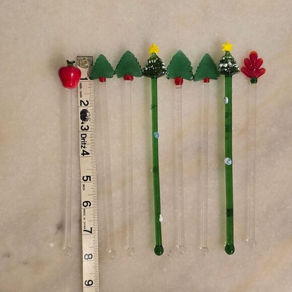 Vintage Stirrers Christmas Hand Made Glass Cocktail Drink Swizzle Set of 8 - Picture 7 of 8